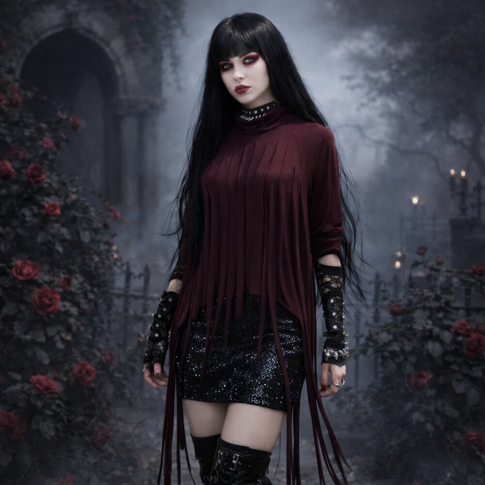 Touch Me burgundy red tassel shirt 3/4 sleeves back closure SZ 1X goth-romantic